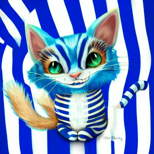 Prompt: cute blue striped cheshire cat. an adorable cat with light blue stripes, blue eyes and a big mischievous smile. award - winning digital art by mona sundberg