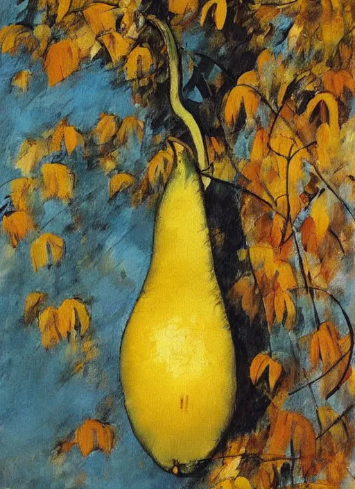 Prompt: vintage beautiful painting of city's torch being a giant pear, people looking at it in an autumn colour palette in Mary Cassatt style