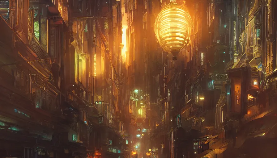 Image similar to sci - fi city night, beautiful lit lamps, 8 k highly detailed art, intricate, stanley lau, artgerm, artstation, smooth, far shot, wlop, alphonse mucha, cinematic shot, cinematic lighting