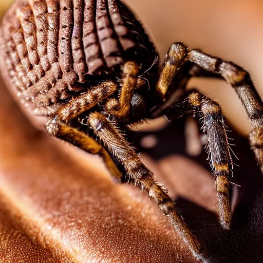 Prompt: detailed photograph of a chocolate ice cream cone becoming a hairy brown recluse spider body at the bottom. dramatic, golden light. realistic photograph. delicious. hairy. chocolatey. spidery.