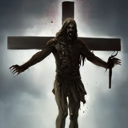 Image similar to zombie jesus christ with cross, greg rutkowski, trending on artstation,