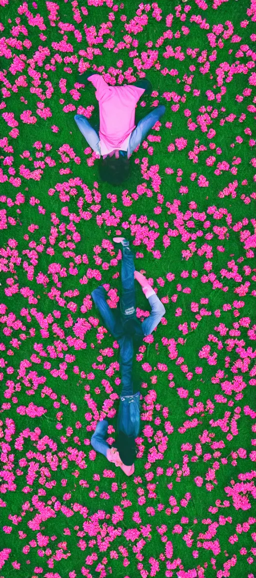 Image similar to aerial view photo of a guy laying in a field of flowers looking at the camera, pastel faded effect, synthwave colors, 8K