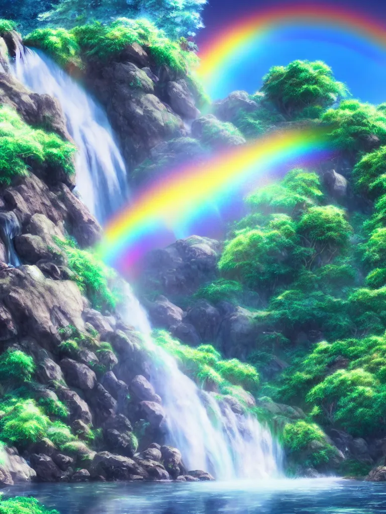 Image similar to anime - style illustration of waterfall cascading onto rocks, small rainbow emerging in background, ethereal, beautiful scenery, intricately meticulously detailed, amazing, glitter, 8 k render octane high definition