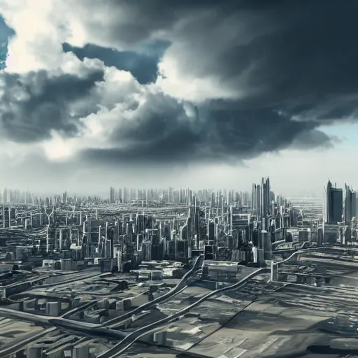 Prompt: Clouds rolling in over a cityscape, with the skyline visible in the distance, rendered in 3D.