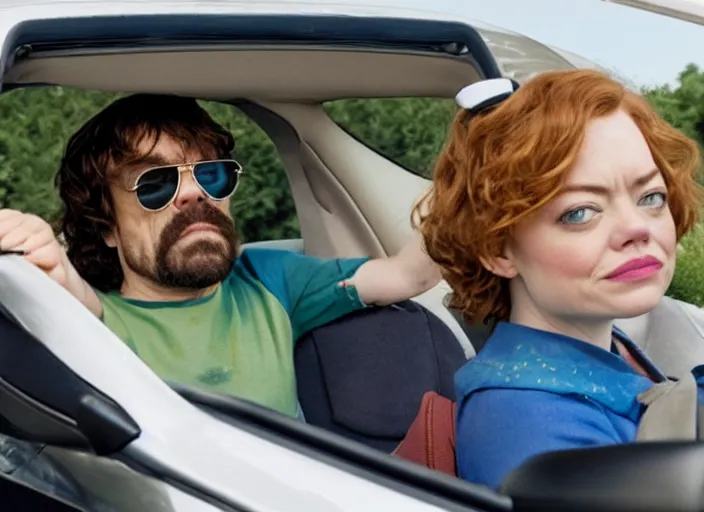 Image similar to peter dinklage and emma stone driving a little tikes cozy coupe, movie still, from the new smokey and the bandit movie, 8 k, realistic