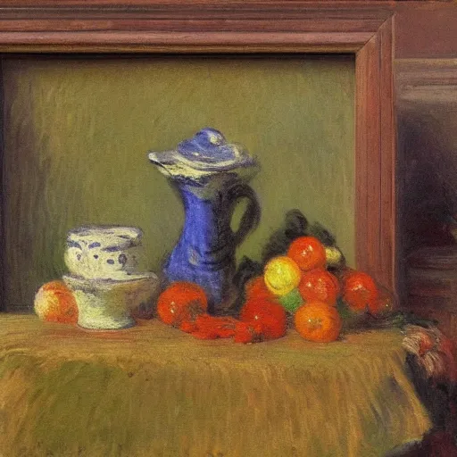 Prompt: Impressionist painting of a still life, highly proficient, museum collection, 19th-century, monet, somber