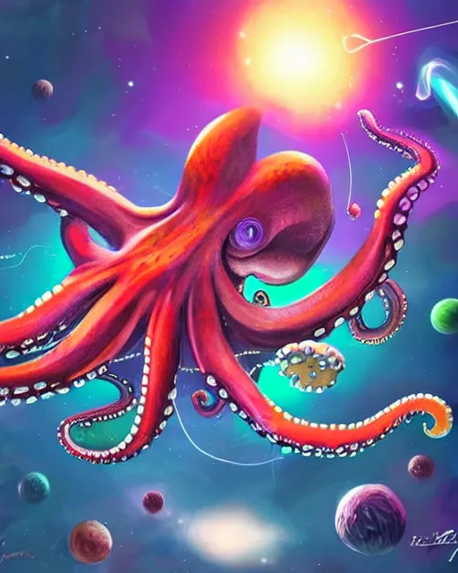 Prompt: octopus flying in space, colorful detailed digital painting, professional concept art, best of art station