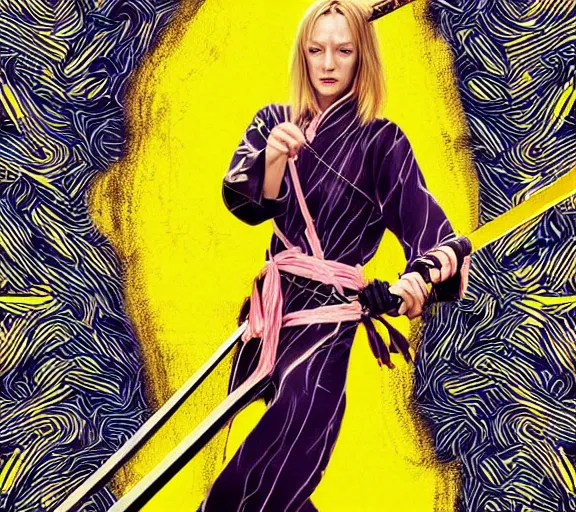 Image similar to breathtaking detailed pattern pastel colors, cinematic action scene from kill bill, with uma thurman in yellow kimono, swinging katana sword by wlop and artgerm, exquisite detail, enhanced eye detail