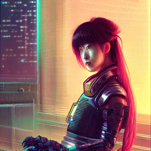 Image similar to portrait futuristic Samurai Girl, in future cyberpunk tokyo rooftop , ssci-fi, fantasy, intricate, very very beautiful, elegant, human anatomy, neon light, highly detailed, digital painting, artstation, concept art, smooth, sharp focus, illustration, art by tian zi and WLOP and alphonse mucha