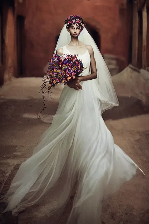 Prompt: very beautiful woman, beautiful face, ultradetailed, ethereal, flowers, beautiful wedding dress, gorgeous, volumetric lighting, art by steve mccurry