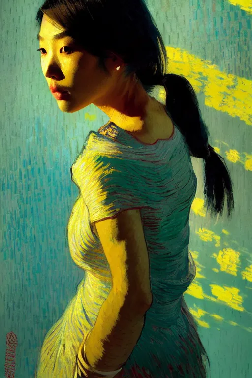 Image similar to portrait of a beautiful asian female, complementary colors, beautiful face, rule of thirds, intricate outfit, spotlight, by greg rutkowski, by jeremy mann, by francoise nielly, by van gogh, digital painting