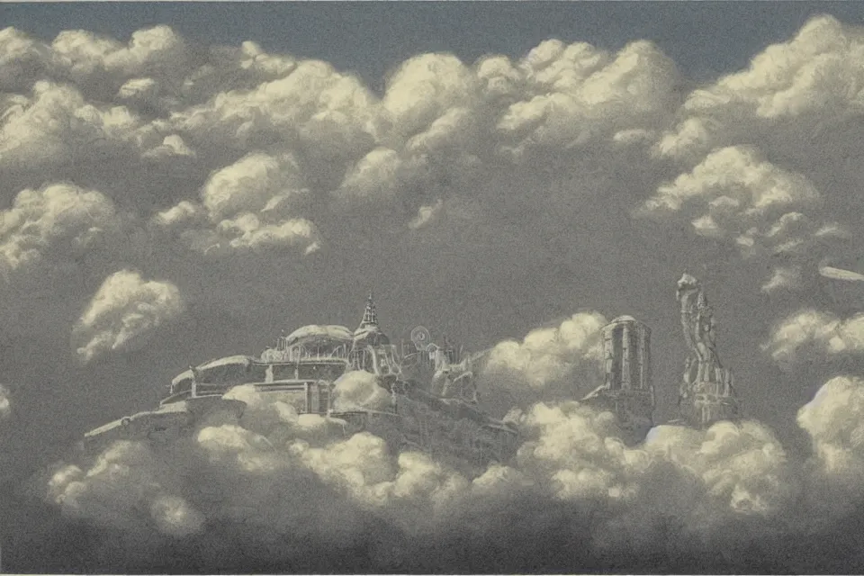 Prompt: an imposing heaven court, floating on clouds in a bright blue sky, monumental, ordered, empty, 1 9 7 0 s grainy vintage illustration, detailed, epic,