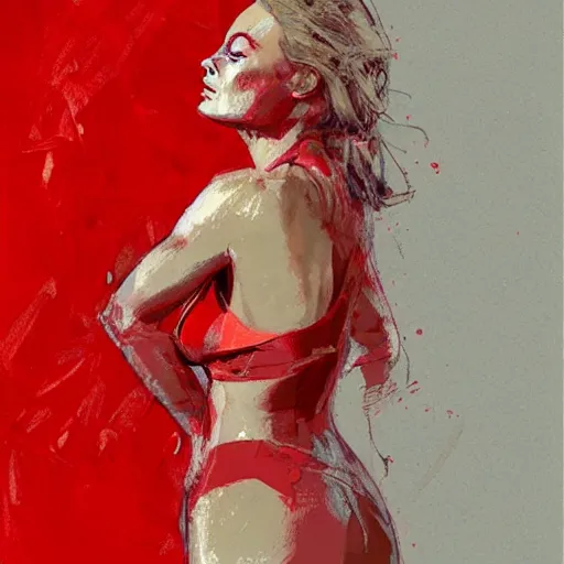 Image similar to full body portrait of margot robbie in the shape of red paint, artwork by guy denning and charlie bowater,