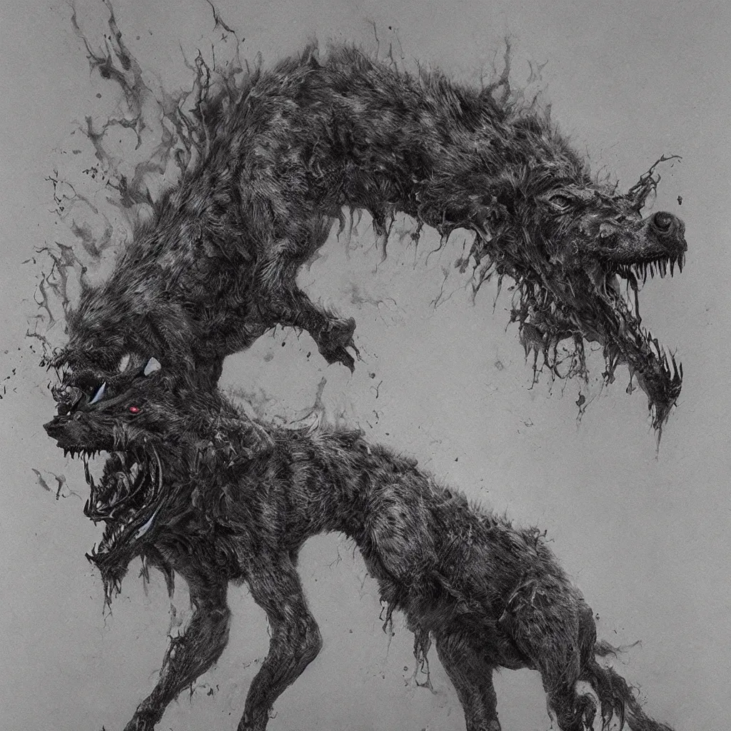 Prompt: demonic and deformed hyena, breathing fire out of its mouth, in the style of zdislaw beksinski