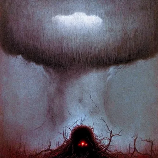 Prompt: a dark storm cloud made out of hundreds of sad ghostly faces. berserk. painted by beksinski and larry elmore.