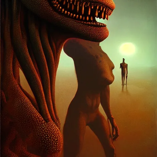 Image similar to alien man with alien woman, full body, portraiture, painted by Beksiński, 4k, intricate details, unreal engine, dynamic lighting