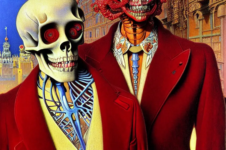 Image similar to realistic detailed closeup portrait painting of a single skeleton wearing red velvet blazer in a crowded futuristic moscow street by Jean Delville, Amano, Yves Tanguy, Alphonse Mucha, Ernst Haeckel, Edward Robert Hughes, Roger Dean, rich moody colours, blue eyes