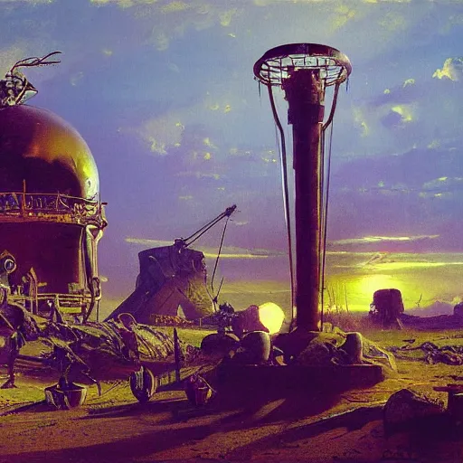 Prompt: painting of syd mead artlilery scifi organic shaped well with ornate metal work lands on a farm, fossil ornaments, volumetric lights, purple sun, andreas achenbach