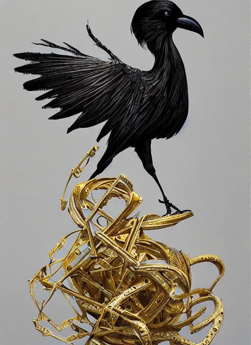 Image similar to metal crow, award - winning painting, abstract, gold and silver shapes, elegant, luxurious, beautiful, lovecraftian, beksinksi, chiaroscuro