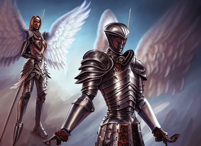 Prompt: a digital painting of an angel in armor in armor in armor holding two swords, a digital rendering by jan tengnagel, fantasy art, deviantart uhd, deviantart, apocalypse art, ray tracing, highly detailed, high quality, 8 k resolution