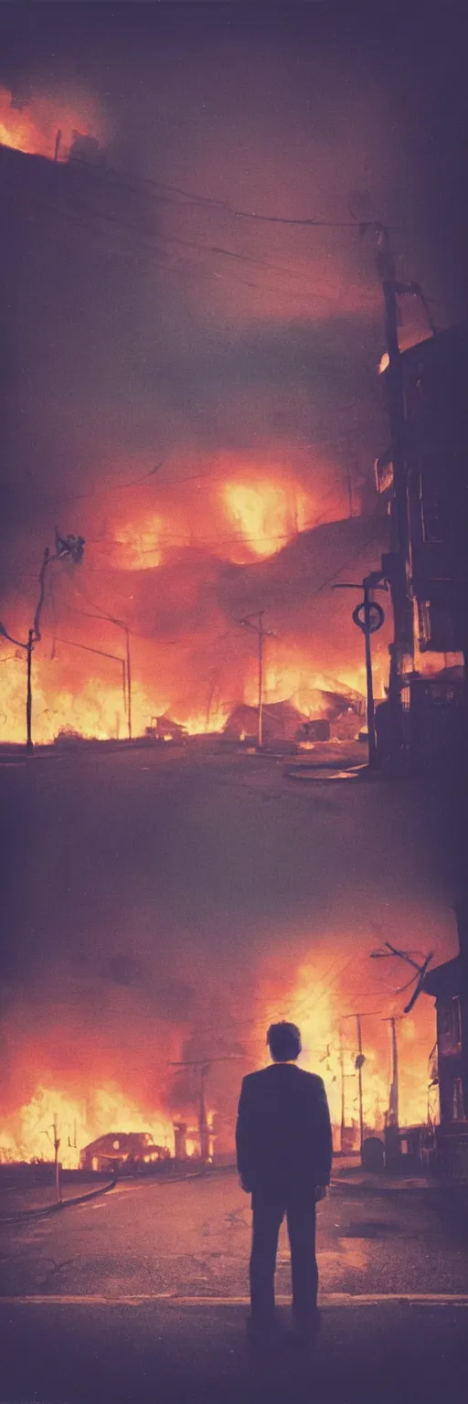 Prompt: detailed medium format photo, polaroid still from a scandinavian movie, sleazy man watching night streets while a single house burns in the background, haze, high production value, intricate details, 8 k resolution, hyperrealistic, hdr, photorealistic, high definition, tehnicolor, award - winning photography, masterpiece, amazing colors