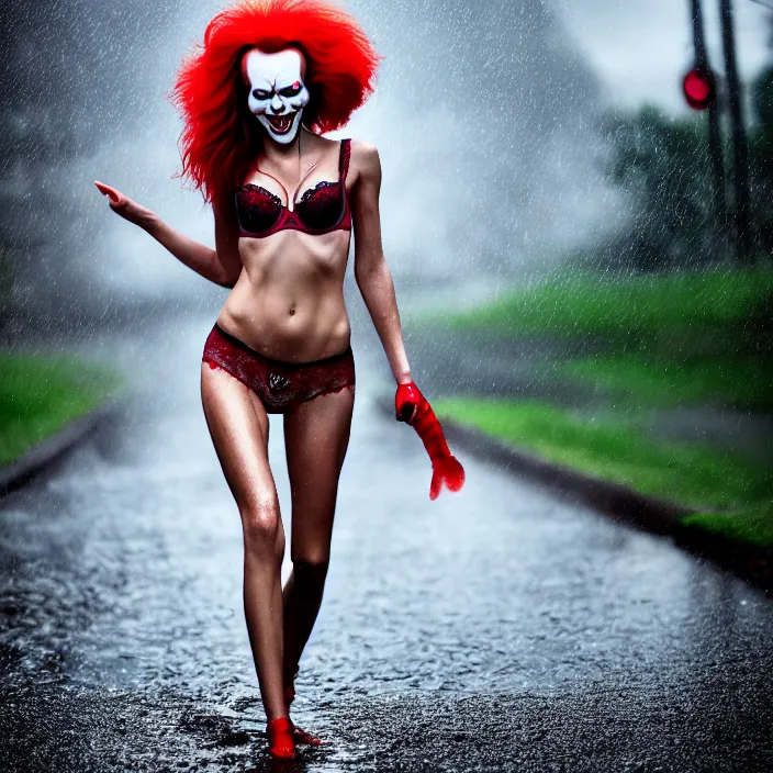 Image similar to fully body pose, photo of a very beautiful!! victoria secret model, pennywise, wet hair, raining, 8 k, hdr, smooth, sharp focus, high resolution, award - winning photo, trending on artstation, dslr, 5 0 mm