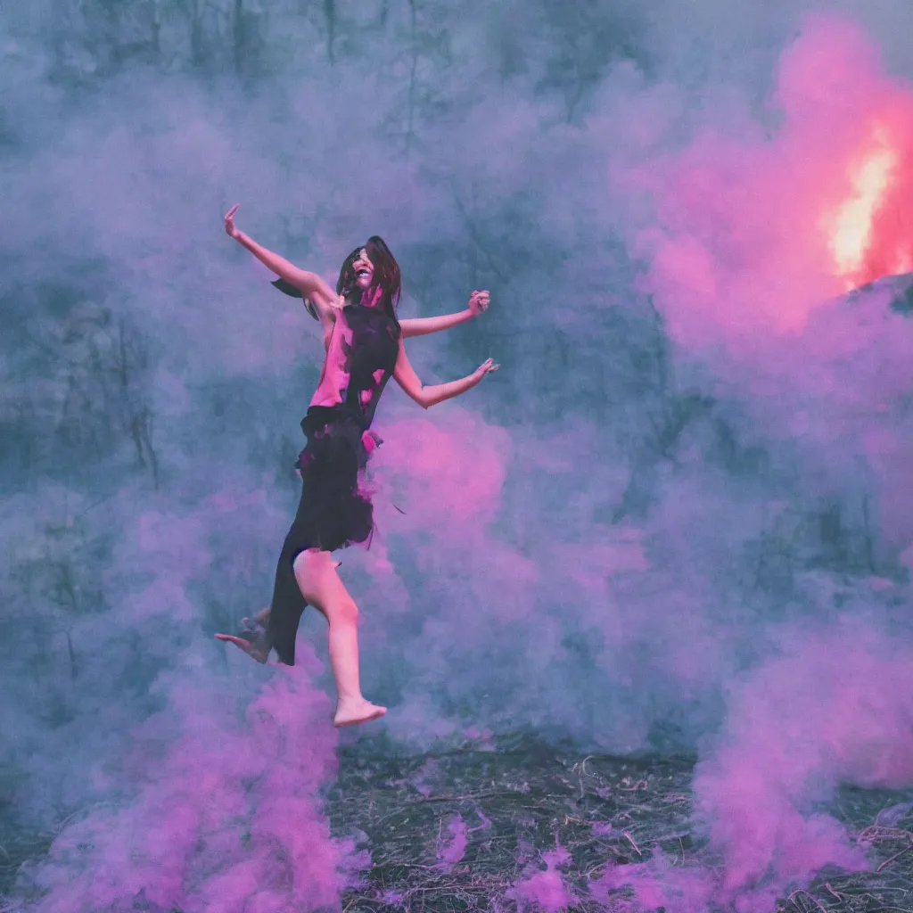 Prompt: a young influencer dances in front of a huge forest fire, purple smoke, vhs, close - up