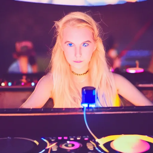 Image similar to a young, blonde-haired woman with soft facial features and blue eyes, 35mm photograph, neon lights in the background, DJing at coachella