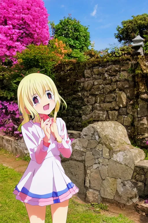 Image similar to a very cute art of a smiling blonde anime girl idol wearing a colorful dress walking at the garden, tongue out, cheeky, in the style of anime, near a stone gate