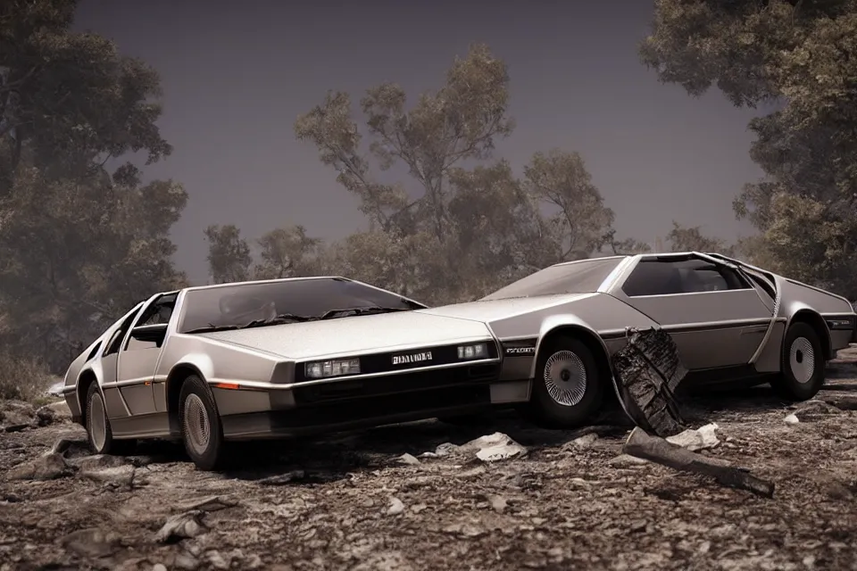 Image similar to ultra realistic delorean dmc 5 on remote ancient highway wreckage in space, dark cinematic, volumetric, realistic, 3 d render, realistic render, cinematic lighting, volumetric lighting, atmospheric, cinematic, unreal engine 5, unreal engine render, octane render, hd, photorealism, hyper realistic, 8 k