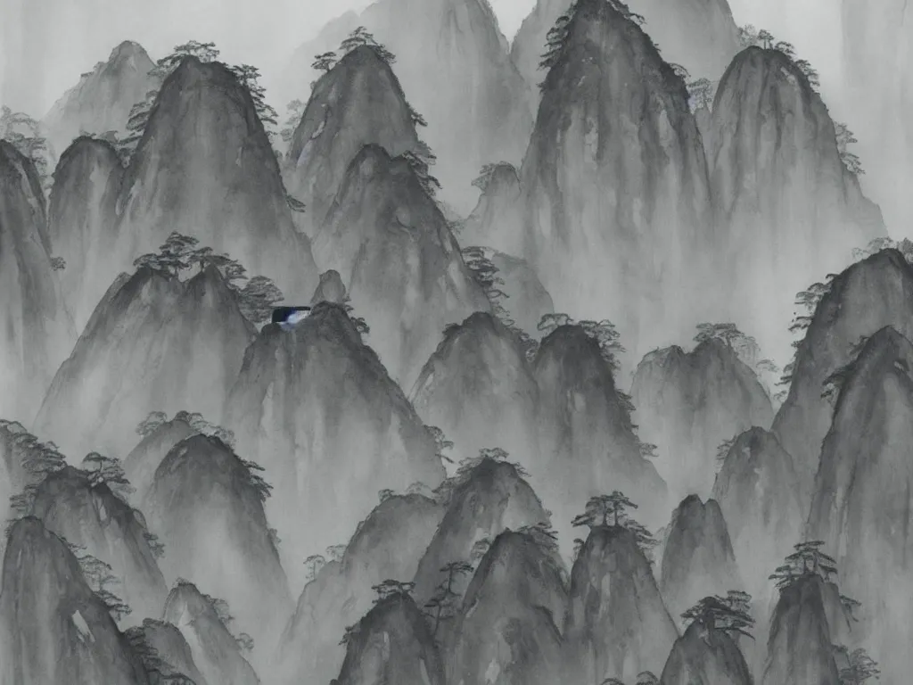 Image similar to a beautiful black watercolor painting of the mountainous landscape of huangshan with buddisht and taoist temples on hilltops on a rainy day
