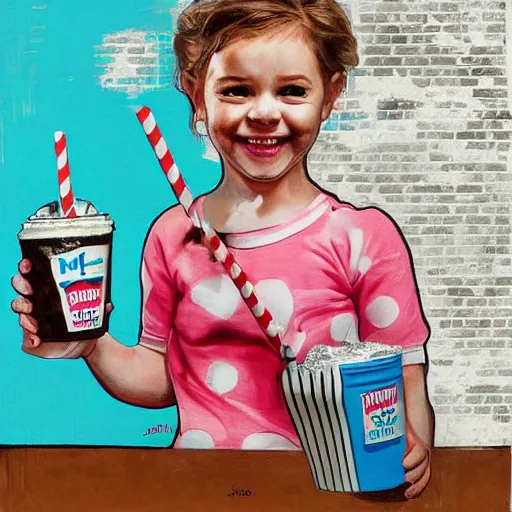 Prompt: A little girl is smiling at her milkshake, digital art, Mr Brainwash, very detailed