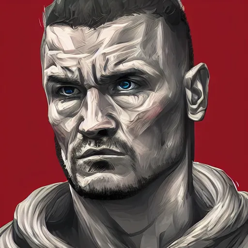 Image similar to Portrait of Mariusz Pudzianowski in the style of Disco Elysium, digital drawing by Pavlo Guba, strong red hue