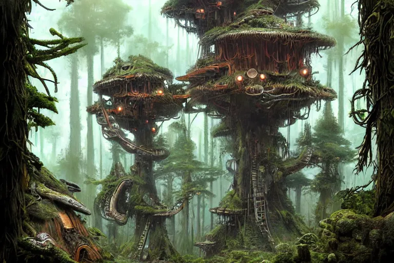 Image similar to lichenpunk treehouse village on endor, hyper detailed, by alejandro burdisio,