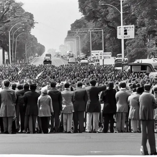 Image similar to crowd of people with guns stand at the roadside watching jfk motorcade, photo, filmic, 1960s, black and white