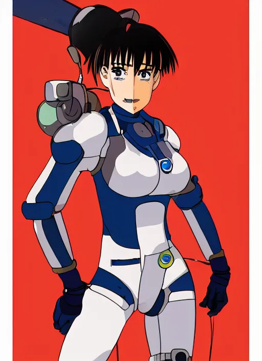 Image similar to Portrait of a female mech pilot in a latex bodysuit, 90s anime, cel-shaded, highly detailed, dramatic background, complementary lighting, poster