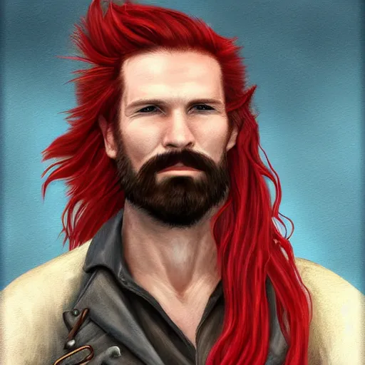 Image similar to portrait of a rugged!!!! male captain with long red hair!!!!!!, upper body, flowing hair, ethereal, handsome, smirk, leather coat, pirate!!!!!!!, ocean, D&D, fantasy, simple clothing!!!!, elegant, highly detailed, digital painting, deviantart, artstation, concept art, sharp focus, illustration, art by Artgerm and Greg Rutkowski and Alphonse Mucha