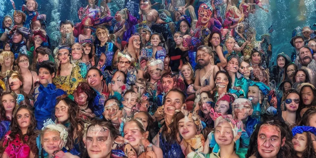 Image similar to detailed colour photographic masterpiece group portrait of people sat down extreme closeup, in the inside of the full crowded beautiful underwater train to atlantis, realistic and lifelike expressions, crowds of people sat down wearing unusual clothes