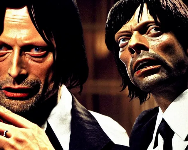 Image similar to detailed Mads Mikkelsen as Vincent Vega in Pulp Fiction with his partner Jules Winnfield, movie scene