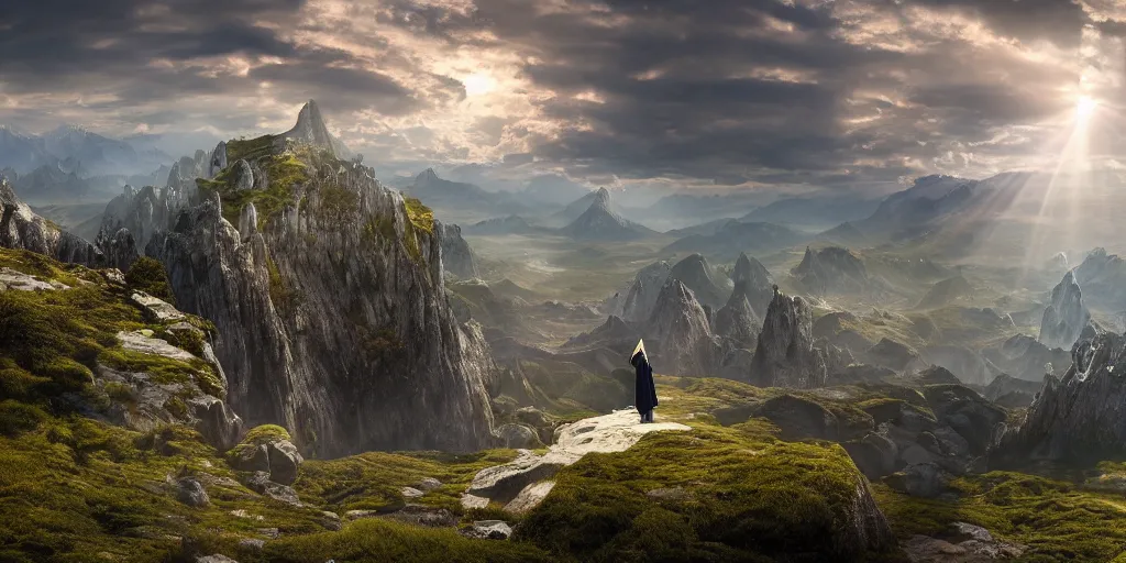 Image similar to a beautiful wide shot of donald trump in gandalf's robes facing the camera, the panorama of middle earth in the background, intricate detail, god rays, photography, volumetric light, cinematic, 8 k