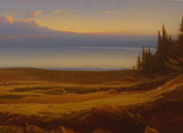 Prompt: hudson bay, canada in the style of hudson river school of art, oil on canvas