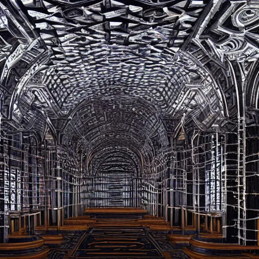 Prompt: Establishing shot, ornately and intricately carved obsidian maze, infinite labyrinth, labyrinthine, extreme depth, high contrast, cinematic film still, arri alexa, ari aster, neobrutalist architecture, cathedral, large stained glass windows, cinematic lighting, aesthetic by Noah Bradley, James gurney, and Vincent di fate