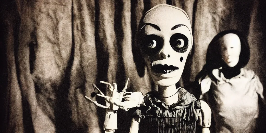 Image similar to 1 9 7 0 s female alive, eerie, creepy masked marionette puppet, other mother, the legend of the beldam, unnerving, clockwork horror, pediophobia, lost photograph, dark, forgotten, final photo found before disaster, realistic, vintage noir, polaroid,