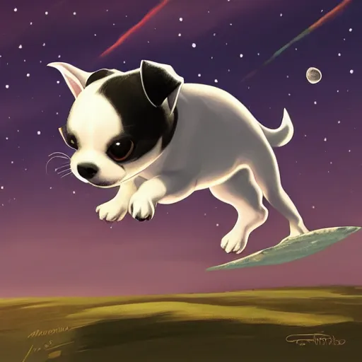 Prompt: cute jack black and white russel terrier jumping over the moon in the night sky, large round eyes, concept art, game art, character sheet, character design, by cory loftis and bill schwab