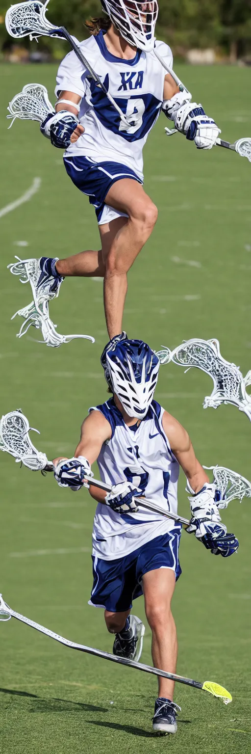 Image similar to lacrosse player, soccer field, cascade helmet, realistic, running, very detailed, 8k, high resolution, ultra realistic, no grain, symmetry, normal proportions, sports illustrated style, Cascade XRS Custom Lacrosse Helmet, brine lacrosse stick, Brine Lacrosse King V Gloves, normal feet, Nike Alpha Huarache 7 Elite, STX Surgeon 700 Lacrosse Arm Guards