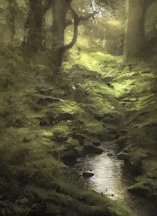 Image similar to there is a place in wales, tucked out of view magic happens, only seen by a few. for just one day, for only just one hour. the last summer's day break at gelli aur. there you must follow a winding trout stream. search all the oaks with a tiny light beam, inspired by ( greg rutkowski ) and charlie bowater