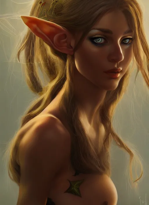 Image similar to A hyperrealistic portrait painting of a hot young female elf with stunning body, DAZ, deviantart, artstation