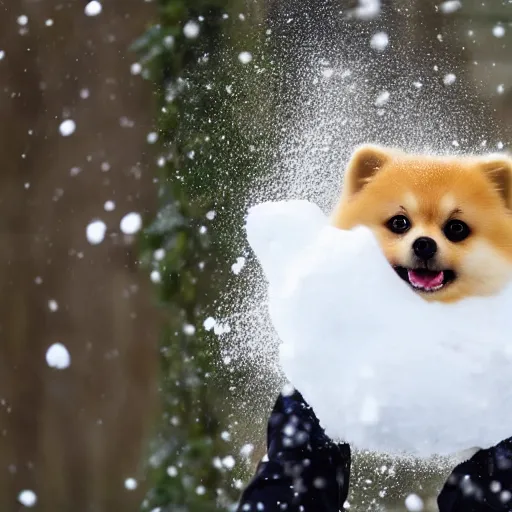 Image similar to a person throwing a snowball that looks like a pomeranian