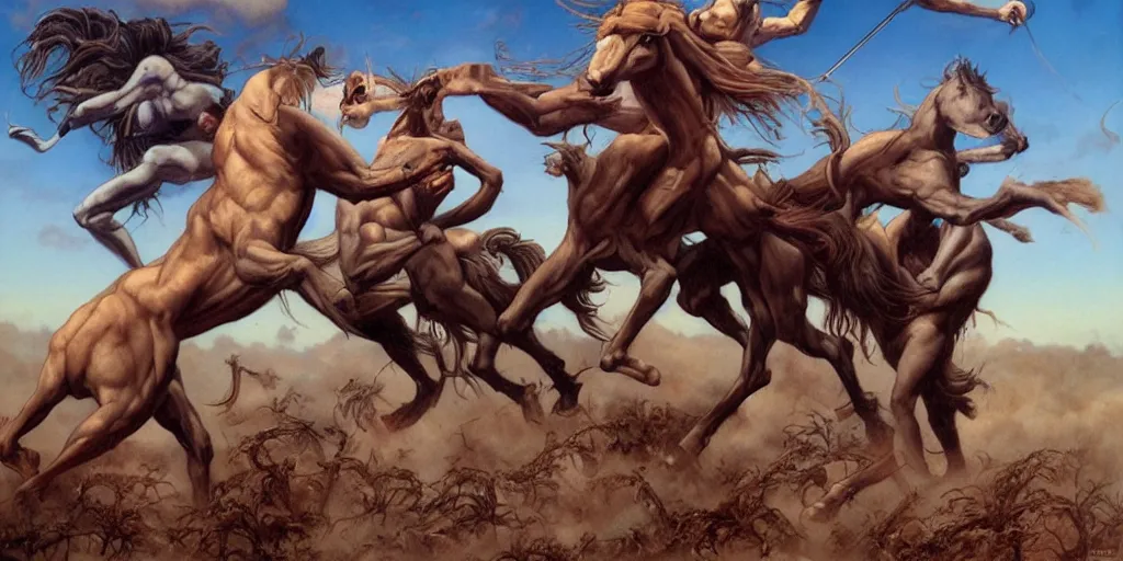 Image similar to centaurs fighting by gerald brom, hyper realistic