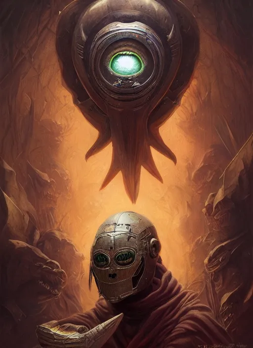 Image similar to horror machine glowing mf doom reptile eyes, broken armor, elegant, highly detailed, centered, digital painting, artstation, concept art, smooth, sharp focus, illustration, artgerm, tomasz alen kopera, peter mohrbacher, donato giancola, joseph christian leyendecker, wlop, frank frazetta